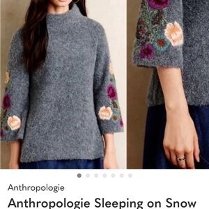 Anthropologie Blue Sweater with Colorful Floral Sleeves